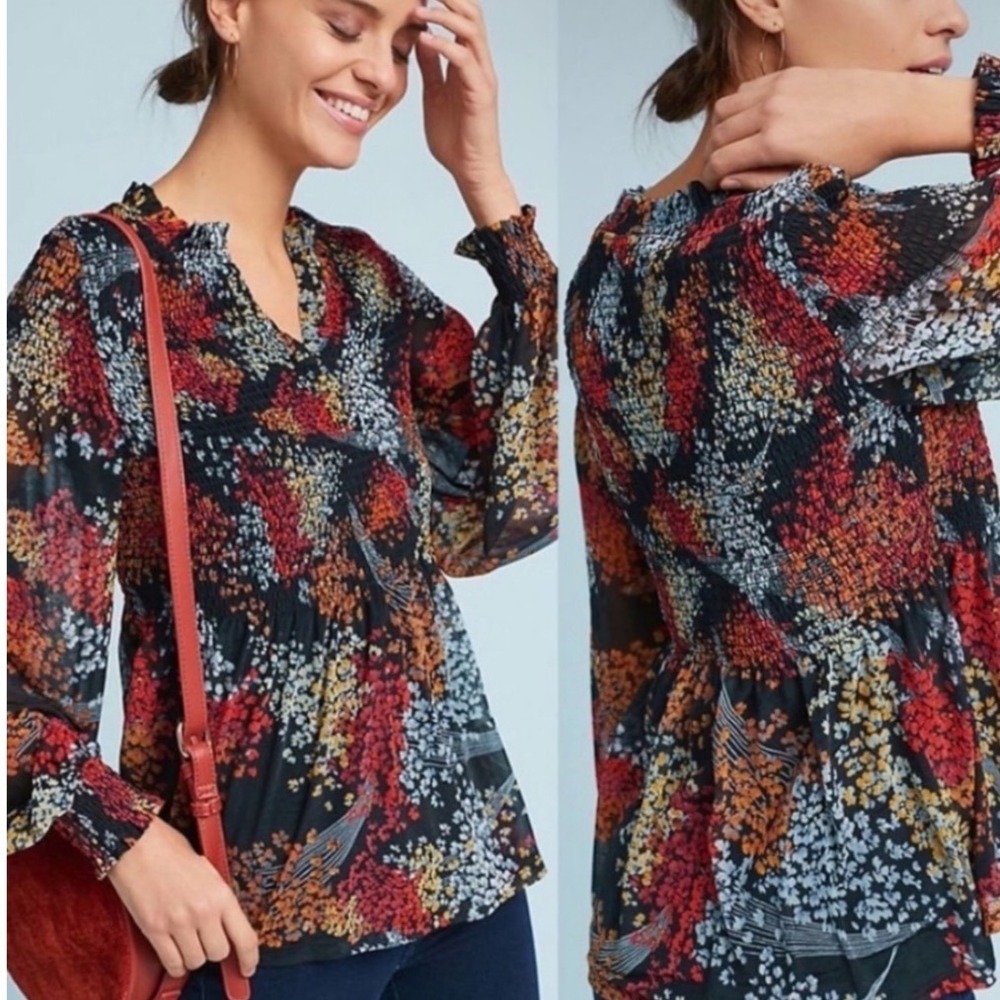 Anthropologie AKEMI + KIN Adria Smocked Babydoll Floral‎ Long Sleeve Blouse XS